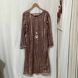NWT A-Meenah Pink and Gold Modest Embroidered Long Sleeve Dress a130